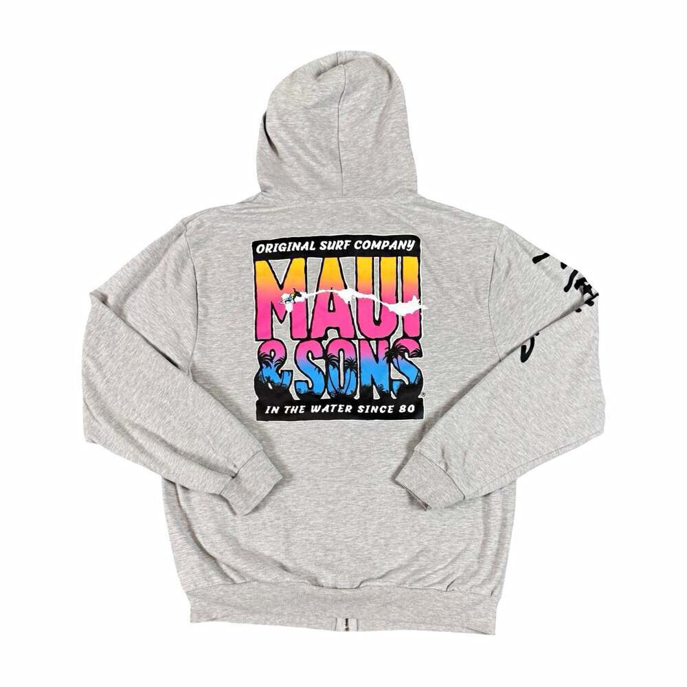 Maui and Sons Gray Full Zip Graphic Fleece Hoodie Pockets Men's Size XXL